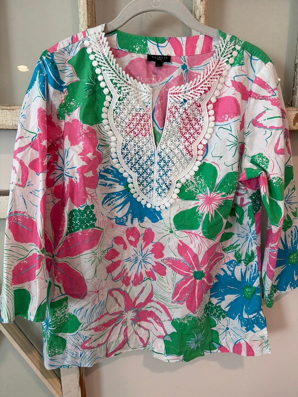 Talbots size MP medium petite floral popover blouse top shirt